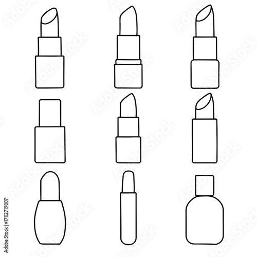 Set of lipstick icons in various shapes and styles for makeup, beauty and cosmetic design