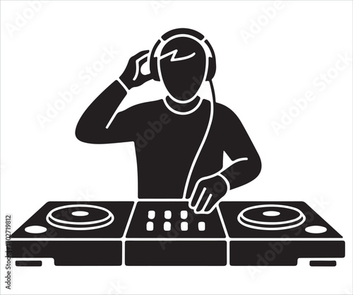 Black silhouette of DJ with headphones playing music at turntable isolated on white background, simple vector illustration symbolizing party, nightlife, clubbing, entertainment, concert, and sound mix