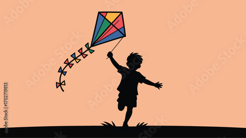 Happy boy runs flying a vibrant kite in the sunlit open field enjoying childhood freedom and summer fun