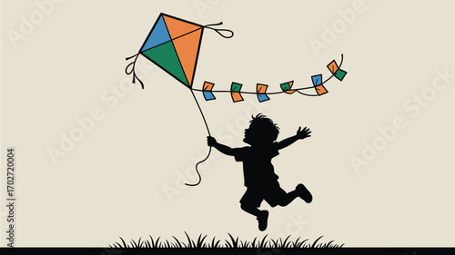 Joyful child flying a kite with happiness and freedom in silhouette, perfect for summertime fun and family