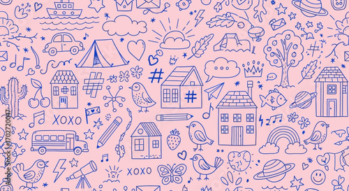 気まぐれな手描き落書きシームレスパターン｜ピンク背景・かわいい子供向けデザイン