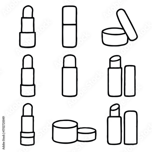 A collection of minimalist line art icons depicting various lipstick, lip balm, and lip gloss containers for beauty and cosmetic design projects