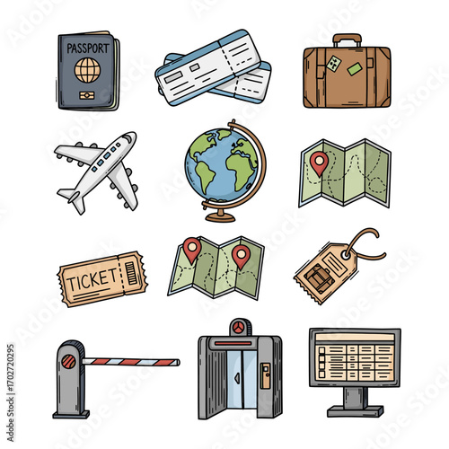 Set of  airport icons in hand drawn doodle style. Vector illustration with passport, boarding pass, suitcase, airplane, globe, ticket, map, luggage tag, security gate, flight schedule board