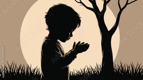 Child silhouette contemplating nature's beauty in a serene landscape with a tree at dusk