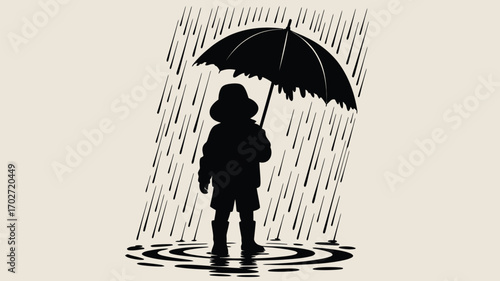 Brave child standing in the rain holding an umbrella, a symbol of resilience and protection