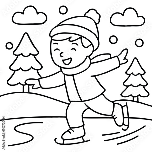 Cute Boy Ice Skating in the Snow with Winter Trees and Snowflakes