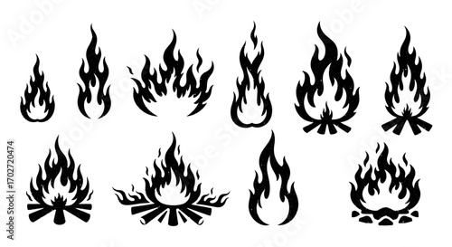 Collection of diverse black flame and fire icons, showcasing various shapes and intensities of burning elements, ideal for graphic design, web assets