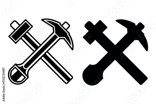 crossed tools hammer wrench illustration in black and white silhouette
