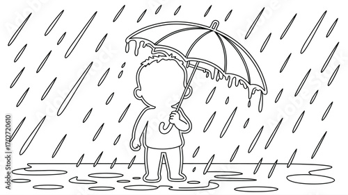Child with umbrella in the rain, a coloring page for kids during stormy weather adventures and creative fun