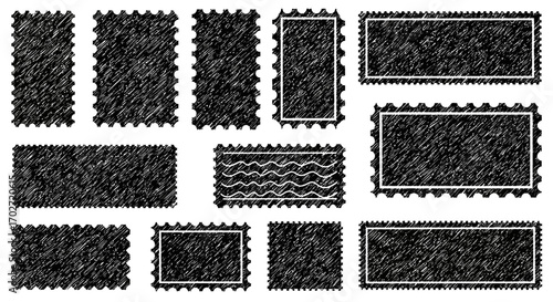 Collection of diverse textured black blank graphic frames and empty stamp shapes, perfect for custom labels, text, and vintage-style design templates
