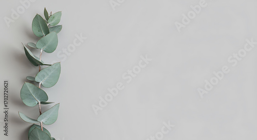 Eucalyptus Branch, Minimalist Design, Gray Background, Copy Space, Botanical, Elegant, Serene, Natural, Greenery, Flat Lay Photography.