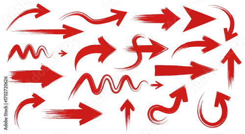 Diverse Collection of Red Arrow Graphics in Various Styles for Directional Cues, User Interface Elements, and Navigation Icons