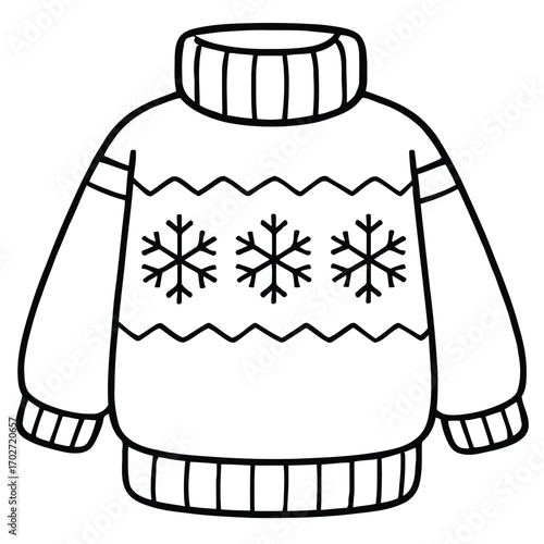 A simple black and white outline illustration of a cozy winter sweater adorned with a classic snowflake pattern, perfect for coloring books or seasonal projects