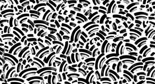 Monochrome graphic illustration featuring an intricate array of organic brushstroke patterns, dots, and flowing lines for a contemporary artistic backdrop