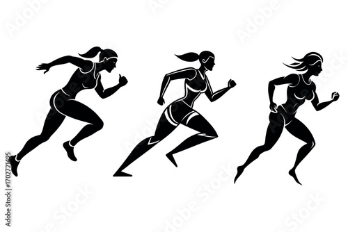 three women running in dynamic poses silhouette
