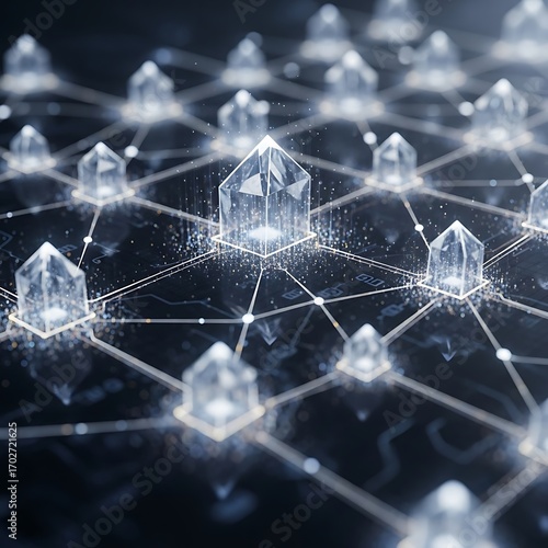 A network of interconnected digital homes, showcasing a futuristic and detailed concept of a decentralized property system.