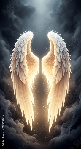 Radiant, ethereal angel wings illuminated by a celestial glow, framed by a dark, smoky sky.