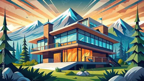 Stylish mountain lodge with weathered wood, steel accents, and panoramic windows, nestled among evergreens, offering breathtaking views and a peaceful connection to nature.