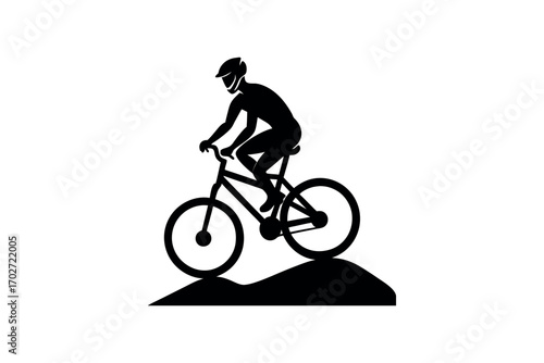 cyclist riding uphill with helmet and bike silhouette