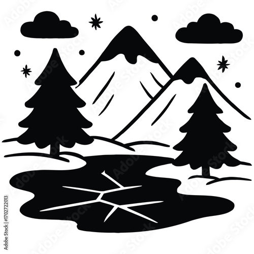 Black and white illustration of a winter landscape with snow-capped mountains, pine trees, and a frozen lake