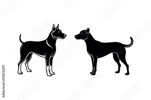 two dogs standing opposite each other in black silhouette
