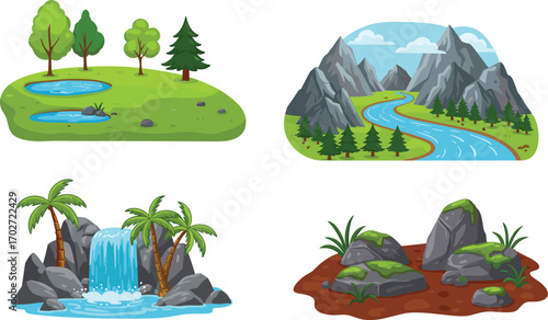 Vector illustration of natural landscapes with ponds, river, waterfall, rocks, trees, palm trees, mountains, greenery, water nature scenes, environment, outdoor scenic views, cartoon style.
