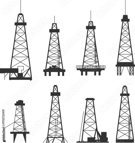 Vector illustration of oil rigs and drilling towers, petroleum industry infrastructure, offshore and onshore platforms, energy extraction equipment, black silhouette engineering design.
