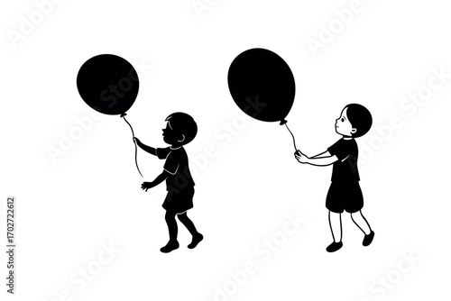 two children holding balloons with playful stance silhouette