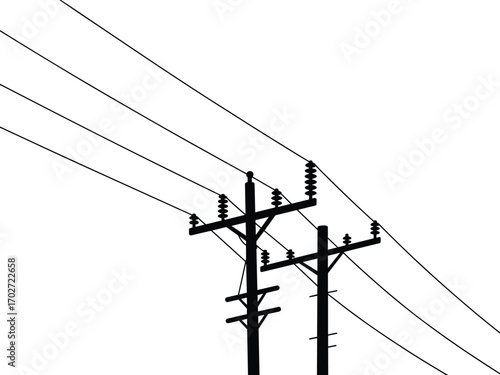 Silhouette vector illustration of two wooden utility poles with electric power lines, showing rural electricity distribution infrastructure on a clear white background.