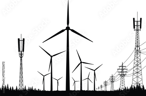 Silhouette vector illustration of wind turbines, power lines, and communication towers in landscape scene, representing renewable energy, electricity, and telecommunication infrastructure.