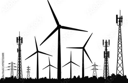 Silhouette vector illustration of wind turbines, transmission towers, and communication masts, showcasing modern renewable energy and telecommunication infrastructure in rural landscape scene.