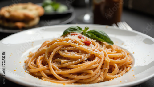 Italian pasta dish with parmesan and basil, authentic Mediterranean cuisine photography, gourmet Italian food styling, perfect for restaurant menu, fine dining, home cooking, recipe design, and culina