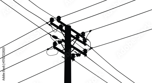 Electric utility pole silhouette vector illustration, detailed power line infrastructure design, black and white high voltage electricity transmission wires on white background