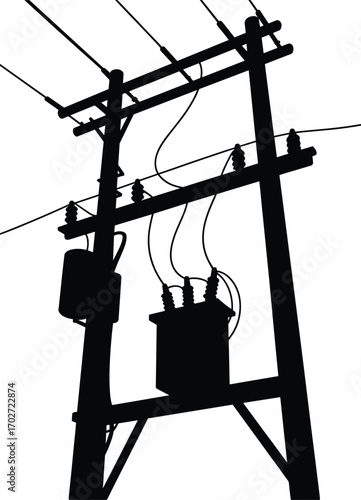 Electric utility pole vector illustration, silhouette of power transformer structure, high voltage electricity distribution line design, energy infrastructure isolated on white background