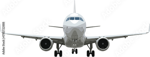 Front view commercial airplane vector illustration, modern passenger aircraft landing, detailed aviation drawing, isolated on white, jet airliner vector template