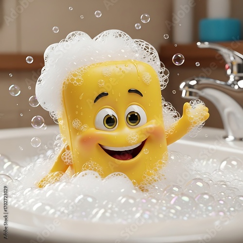 A cheerful yellow sponge character enjoys a bubbly bath in a sink filled with suds and bubbles.