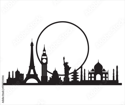 Silhouette of world famous landmarks isolated on white, global travel vector design