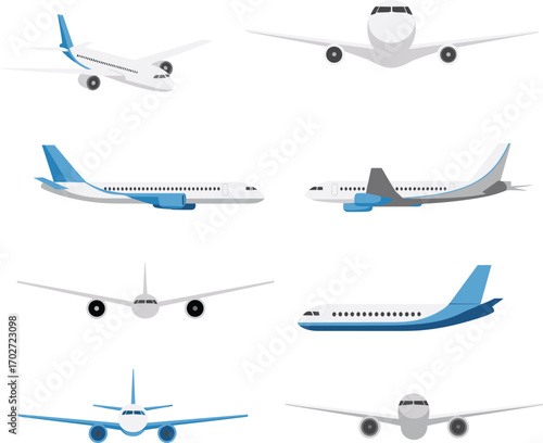 Set of modern airplane illustrations, various commercial jet designs, airplane side view, front view, and aircraft vectors for aviation and travel concepts