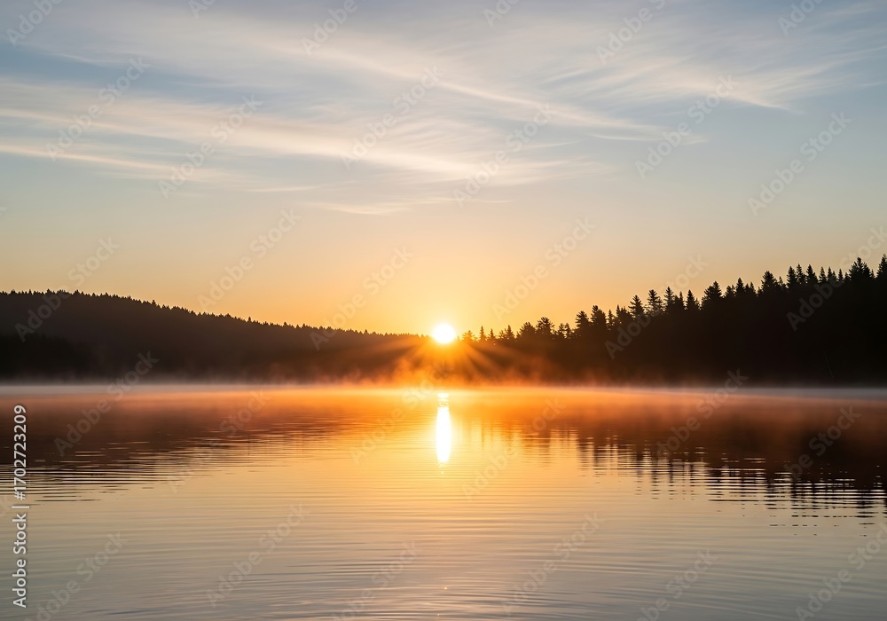 Fototapeta premium A serene sunrise paints the tranquil lake with golden hues, reflecting the sun's warm rays on the still water, creating a peaceful and breathtaking landscape.