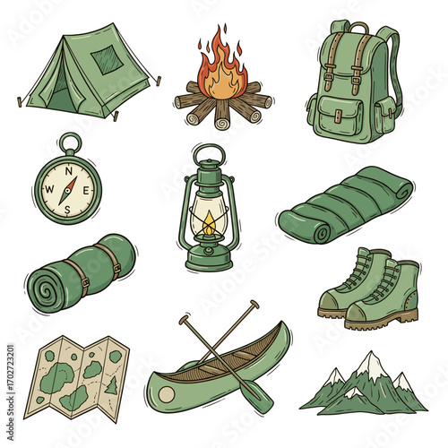 Set of  camping icons in hand drawn green and brown doodle style. Vector illustration with tent, campfire, backpack, compass, lantern, sleeping bag, hiking boots, map, canoe, mountain