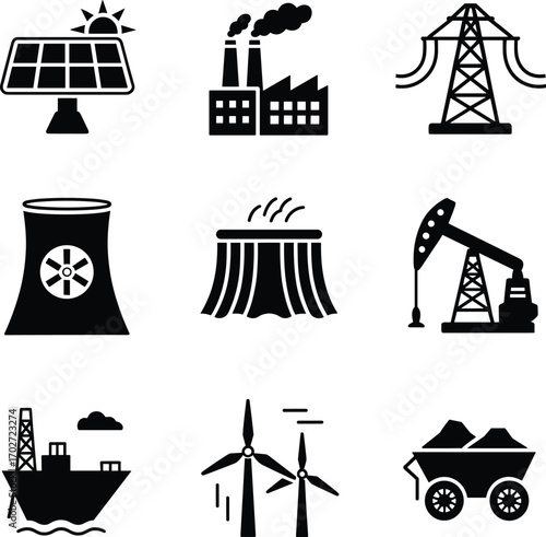 Set of energy production icons, solar panel, power plant, oil rig, wind turbine, nuclear reactor, electricity tower, and coal mining for energy industry designs