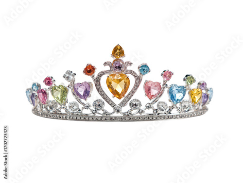 A child's tiara adorned with colorful gems and hearts.  A decorative headband,  sparkling with various shades of  pastel gems