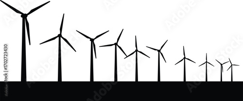 Wind turbine farm silhouettes, renewable wind power generation, clean energy concept, black windmills, environmental sustainability, eco-friendly energy, green technology, wind power vector design.