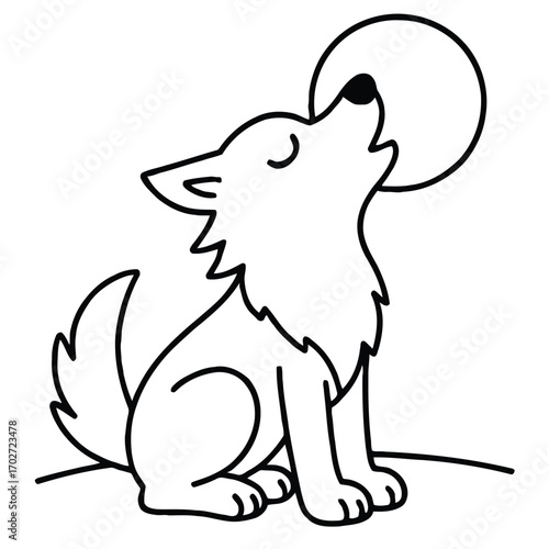 A dog sits on ground and howls at a full moon in night