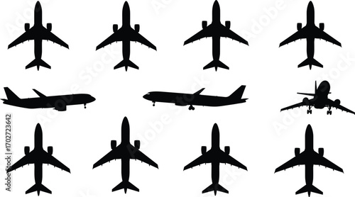 Set of airplane silhouettes, various aircraft shapes, commercial jet designs, black vector illustrations for aviation, flight travel, airliner, transportation, and travel icons