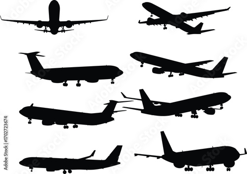 Set of diverse airplane silhouettes, multiple jet aircraft shapes, black aircraft vector icons, aviation illustrations, airliner design, flight transportation, and travel icons