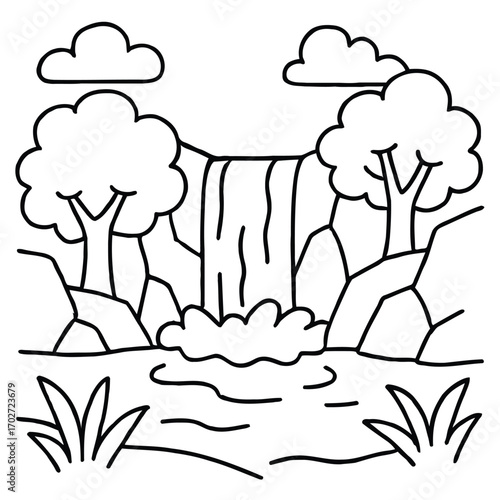 A serene waterfall cascades down rocks surrounded by lush trees and greenery in a natural landscape.