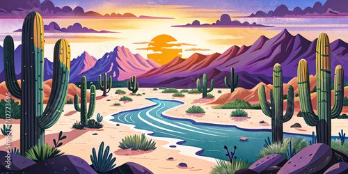 Desert canyon with tall cactus, dusty western mountains, dry riverbed and dramatic sunset sky