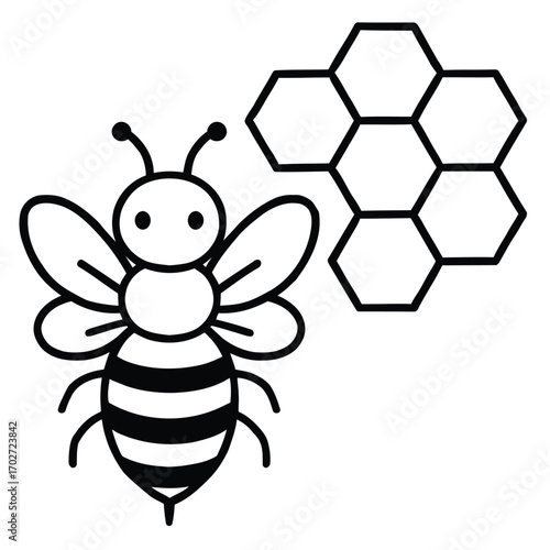A smiling bee flies near a honeycomb in a natural setting