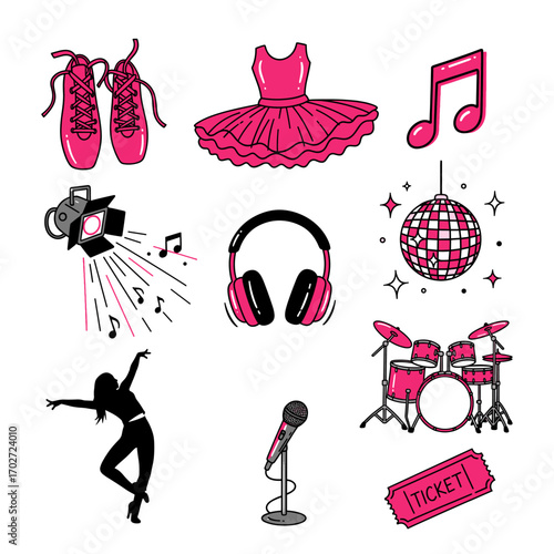 Set of  dance icons in hand drawn pink and black doodle style. Vector illustration with ballet shoes, tutu, music note, stage light, disco ball, headphones, dance pose, drum, microphone, ticket